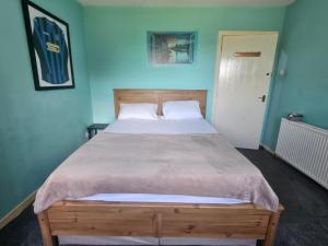 a bedroom with a large bed in a blue room at Nad's Guest house in Motherwell