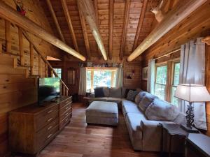 a living room with a couch and a tv in a cabin at Highlands Hideaway - Secluded 4BR Forest Gem in Chemung