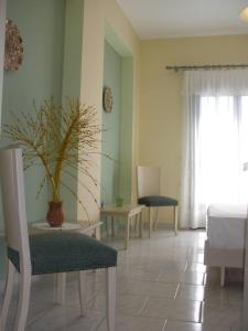 a living room with a couch and a table with a plant at Villa Filoxenia Studios Alykes in Katastárion