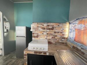a kitchen with a stove and a stone wall at Casa Delfín in Tortuguero +25 photos