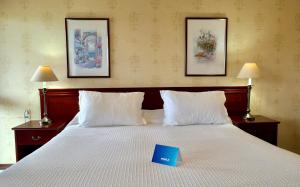a bed with a blue book sitting on top of it at Nobile Hotel Solar del Acuario in Salto +69 photos