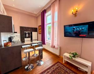 a living room with a kitchen with a tv on the wall at Royal Rose Suite in zentraler Lage in Bremen