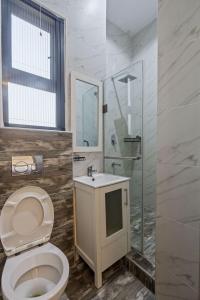 a bathroom with a toilet and a sink and a shower at Zuma Tan in Lagos