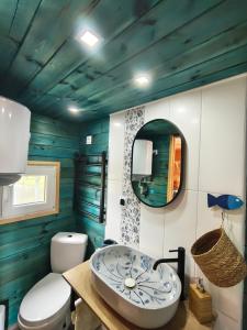 a bathroom with a sink and a toilet at Slovácká maringotka in Šumice