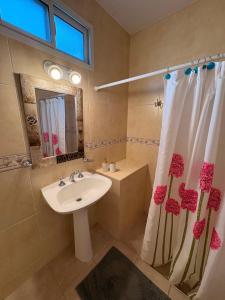 a bathroom with a sink and a shower curtain at Rancho nuevo in Carhué +42 photos