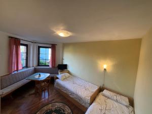 a room with two beds and a couch and a table at Il tempio del Gusto in Oelsnitz