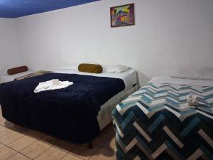a bedroom with two beds and a blue blanket at hotel kasa kamelot parque in Quetzaltenango
