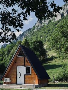 a small cabin with a black roof at Gnijezdo ispod greda in Šavnik +3 photos
