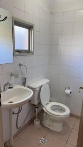 a bathroom with a toilet and a sink at Costa Azul 2 in Villa Pehuenia