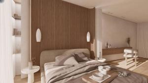 a rendering of a bedroom with a bed and a table at Lisavet Skala Kefalonia - Emerald Home Beachfront in Valsamáta
