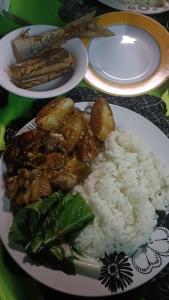 a plate of food with rice and meat and vegetables at Navi Homestay in Naisisili