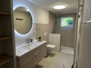 a bathroom with a sink and a toilet and a mirror at Ferienhaus an der Eder in Edertal +20 photos