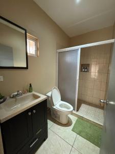 a bathroom with a shower with a toilet and a sink at Departamento #3 in San Carlos
