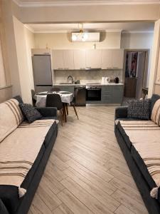 a living room with two couches and a kitchen at Luxury & Modern Apartment in Paralia Katerinis