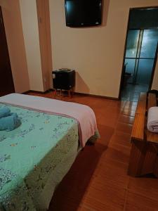 a bedroom with a bed and a flat screen tv at Pousada Maruru in Serra do Cipo