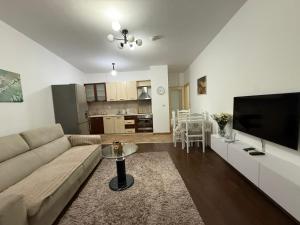 a living room with a couch and a flat screen tv at REA Apartment in Shkodër