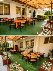 two pictures of a restaurant with tables and chairs at Hotel Jasmine in Byala