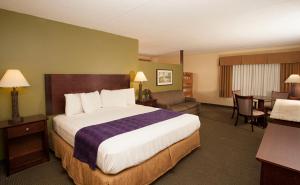 a hotel room with a large bed and a living room at Edgewater Hotel and Waterpark in Duluth