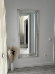 a mirror on a wall in a room with a vase at Apartament White Tower in Ploieşti