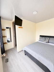 a bedroom with a bed and a flat screen tv at Hotel Casa Mónaco Tunja in Tunja