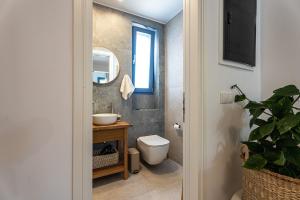 a bathroom with a toilet and a sink and a mirror at Terraegea Paros in Dhragoulás +37 photos