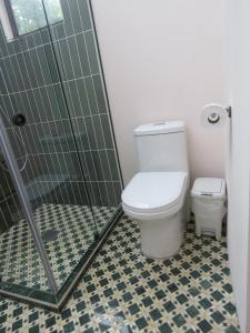 a bathroom with a toilet and a shower at Ruca Lodge -Luxury Cabins Nestled in Nature in Uvita