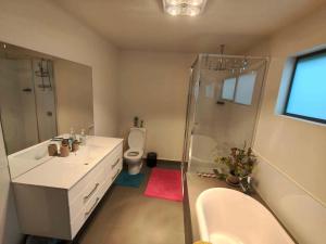 a bathroom with a sink and a shower and a toilet at Enkindled Haven in Moonah