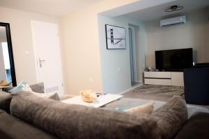 a living room with a couch and a tv at Villa Aki in Posedarje