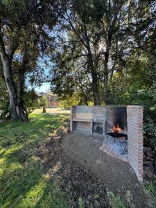 Ein gemauerter Kamin in einem Garten mit einer Bank in der Unterkunft LANÍN Tiny House in San Martín de los Andes