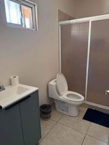 a bathroom with a toilet and a sink and a shower at Departamento #5 in San Carlos