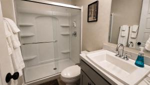 a bathroom with a shower and a sink and a toilet at Walkable to Parks, Yellowstone River, Coffee Shop in Billings +20 photos