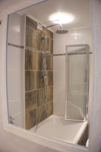 a bathroom with a shower with a glass door at Siauliai Apartments - Ežero in Šiauliai