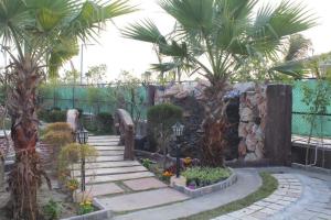 a garden with palm trees and a stone staircase at Luxe Farm in Greater Noida