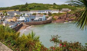 a coastal town with houses and a body of water at Dunmore East Studio in Rathmoylan