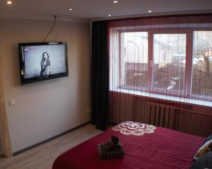 a room with a tv and a bed and a window at Siauliai Apartments - Ežero in Šiauliai