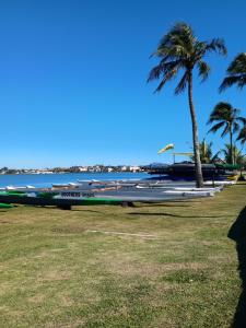 a group of boats parked next to a palm tree at Casa três com cozinha americana in Araruama