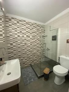 a bathroom with a toilet and a sink and a shower at MarSia Apartment in Chios