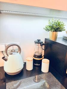 a tea kettle on a counter next to a coffee maker at Apartment Jazz in Konstancin-Jeziorna