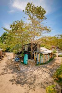 a group of surfboards parked in front of a house at The Frontside Surf House in Tamarindo