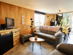 a living room with a couch and a tv at Sous les Hetres in Robertville