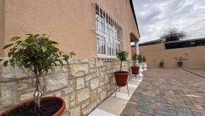 a brick wall with two potted plants next to a building at SAOB Property- South A in Germiston