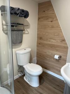 a bathroom with a toilet and a shower and a sink at Blue Bayou Dome cottages in Dingwall