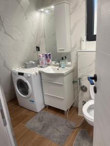 a bathroom with a washing machine and a sink at Breeze Cabin كوخ النسيم in Ilijaš +11 photos