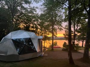 a tent in the woods with a sunset in the background at Blue Bayou Dome cottages in Dingwall +16 photos