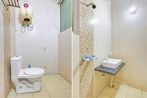 two pictures of a bathroom with a toilet and a sink at Super Hotel O Kanode Gate Formerly Hotel Dhruv in Rewāri