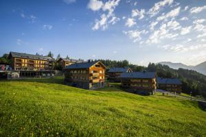 a group of buildings on a hill with a green field at Landal Brandnertal in Bürserberg
