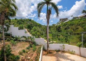 a palm tree in front of a white fence at Beach & Mountain Villaterrenaspoolbbq6Br in Las Terrenas