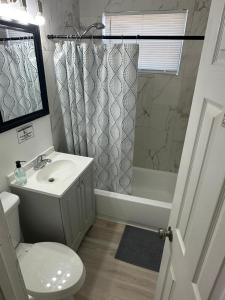 a bathroom with a sink and a toilet and a shower at Daphne's Tropical Oasis Boutique Hostel in Hallandale Beach +50 photos