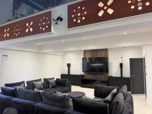 a living room with couches and a flat screen tv at The Apse in Stotfold