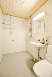 a bathroom with a sink and a shower and a toilet at Helmiapartments Sotkamo in Sotkamo